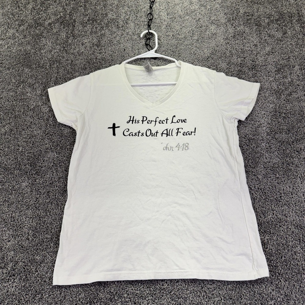 Gildan Shirt Womens L White Christian Cross Lion Bible Verse Glitter Graphic Tee